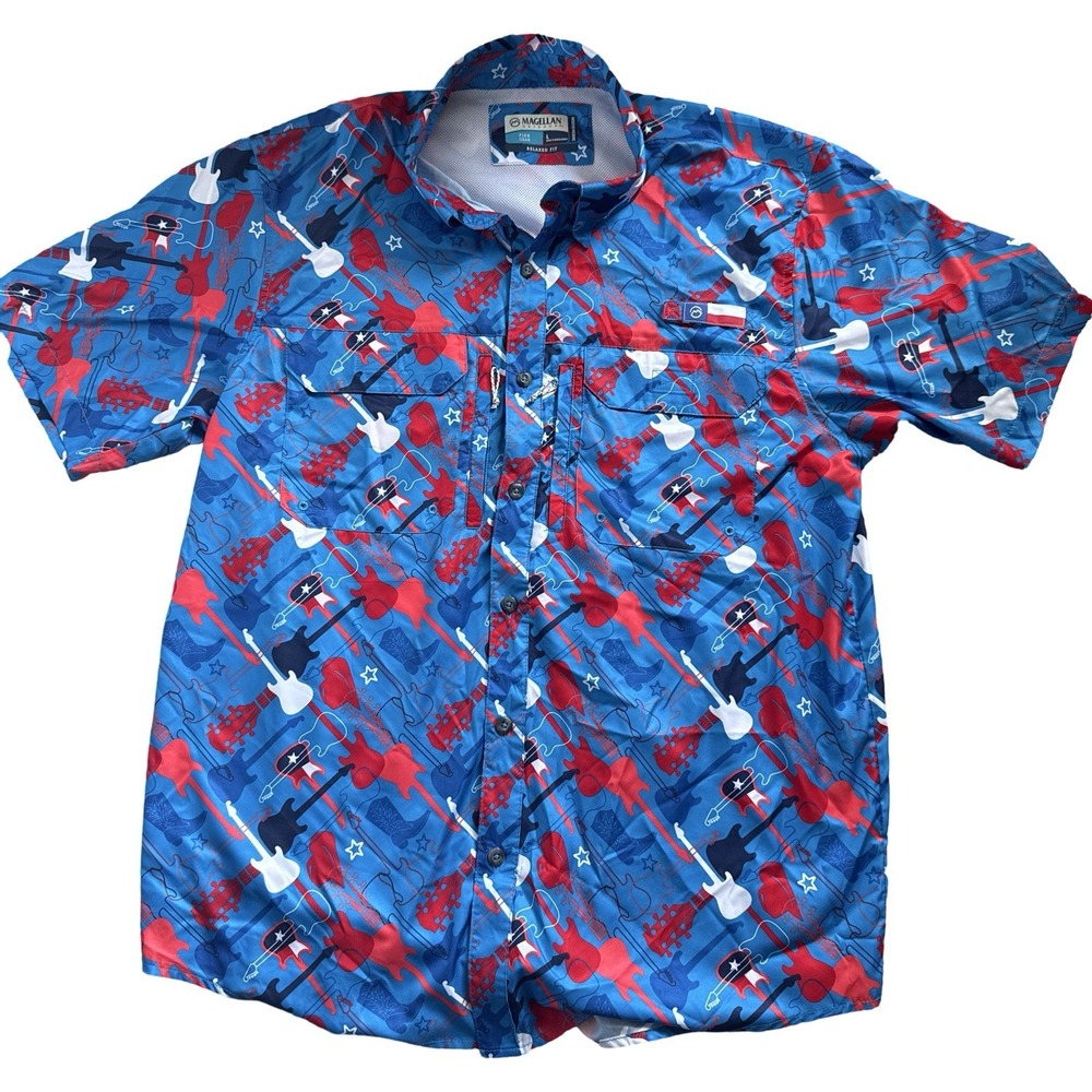 Magellan Outdoors Fish Gear Mens L Relaxed Fit Guitar & Stars Shirt large